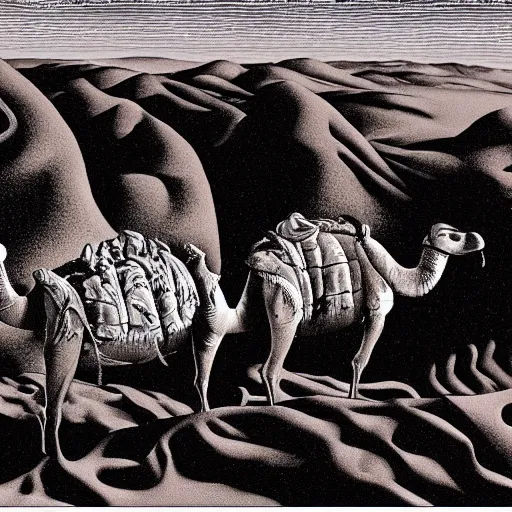 Image similar to 6 camels in the desert at night , richard corben