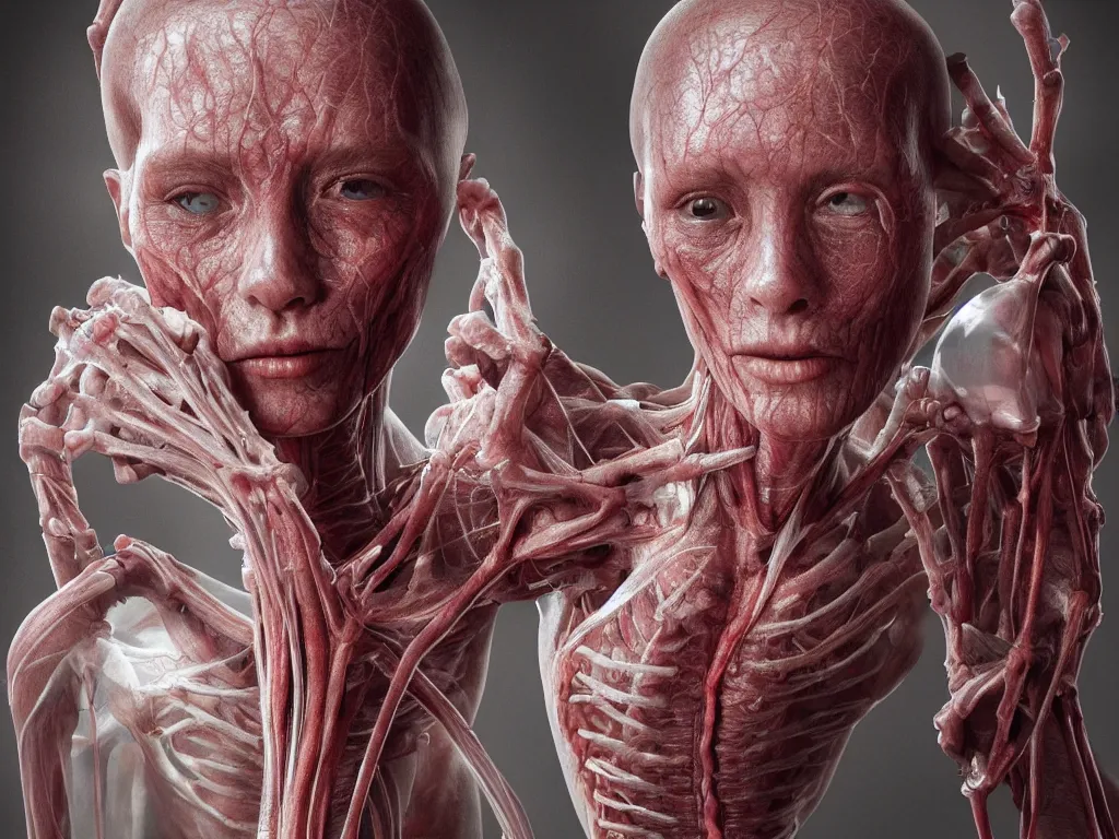 Image similar to female human with translucent skin, visible muscles and veins and arteries and bones and spines and nerves, beautiful detailed intricate insanely detailed octane render, 8k artistic photography, photorealistic, chiaroscuro, by David Cronenberg, Raphael, Caravaggio