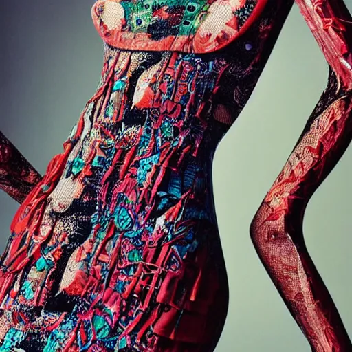 Prompt: close up of a female body printed on a dress, fashion photography, vogue magazine, highly detailed