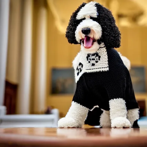 Image similar to a closeup photorealistic photograph of a cute smiling knitted bernedoodle judge dog dressed in a black gown, presiding over the courthouse. indoor image, professional capture, well lit shot. this 4 k hd image is trending on artstation, featured on behance, well - rendered, extra crisp, features intricate detail, epic composition and the style of unreal engine.