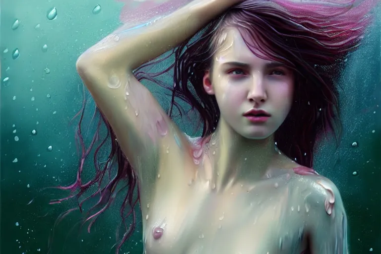 Image similar to girl flying freely in pastel rain with wet hair and face, splash, fantasy, captivating dynamic facial expression, intricate, elegant, dramatic lighting, emotionally evoking symbolic metaphor, highly detailed, lifelike, photorealistic, digital painting, artstation, concept art, smooth, sharp focus, illustration, art by John Collier and Albert Aublet and Krenz Cushart and Artem Demura and Alphonse Mucha