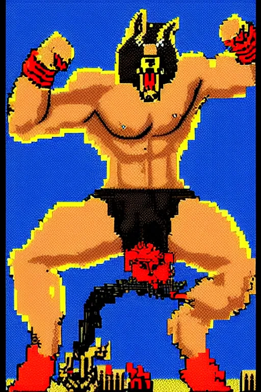 Image similar to extreme long shot. 8 bit nes graphics. hermann nitschantropomorphic muscular masculine wolf. kickboxer fighter, in shorts. wolf head. art from nes game cartridge,