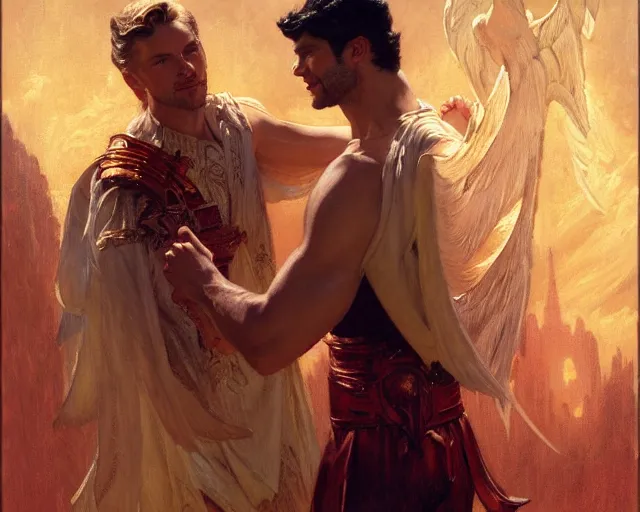 Prompt: attractive lucifer morningstar casting illusion over attractive mortal man. highly detailed painting by gaston bussiere, craig mullins, j. c. leyendecker 8 k