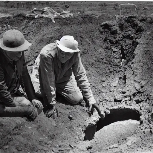 Prompt: old photo of 2 archeologists standing above a hole in the ground looking at an old crashed alien spaceship in the hole, realistic, historic, press photo, black and white