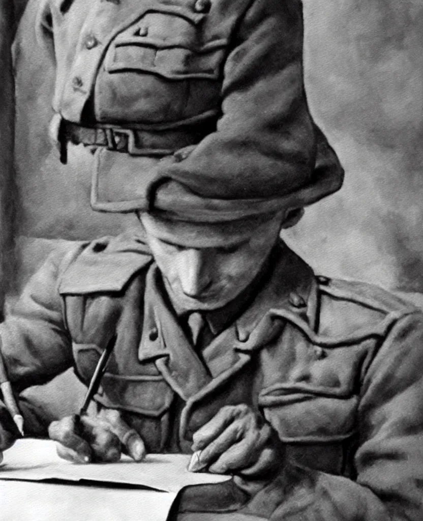 Prompt: a painting of a soldier writing a letter to home, istituto luce's video still frames, wwii, black and white,, 8 k, optical illusion, escher