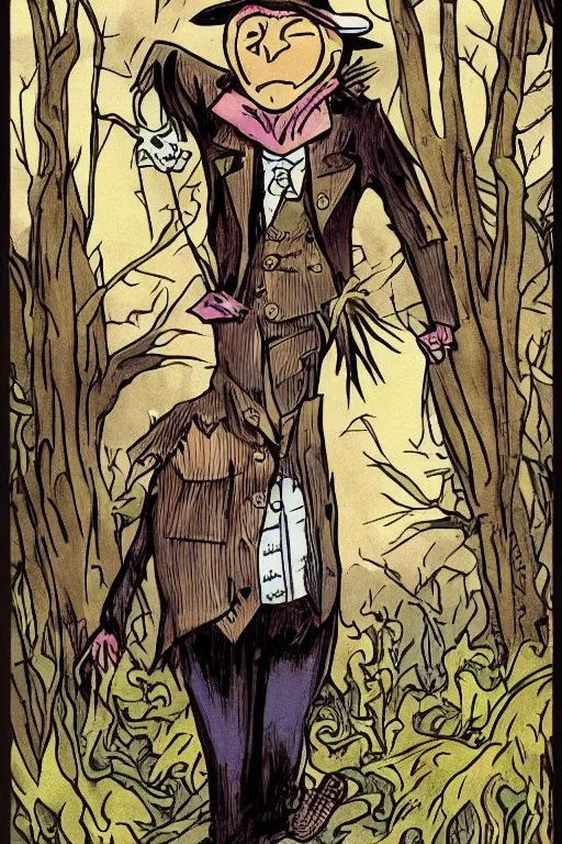 Prompt: the incredible fantasy scarecrow, scarecrow, magical secretary charlie bowles, john tory, newt gingrich, in costume, laying in the woods, art nouveau designs, muted colors, scion albino, chate riche