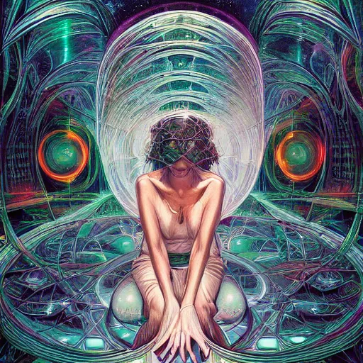 Image similar to beautiful portrait of intelligence of science, spatial space deformation in latent space, math art, astral plane, by artgerm and dan mumford and gustave dore