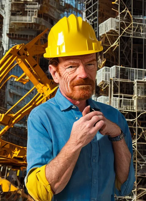 Image similar to closeup portrait of mecha bryan cranston with construction crane, yellow hardhat, natural light, bloom, detailed face, magazine, press, photo, steve mccurry, david lazar, canon, nikon, focus