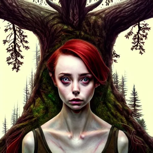 Prompt: surrounded by trees, realistic character concept, gorgeous Kacey Rohl, red hair, small freckles, Wendigo, symmetrical face, symmetrical eyes, full body, covered in blood, dark forest, trees, shorter neck, cinematic lighting, Joshua Middleton and artgerm, fear anxiety terror