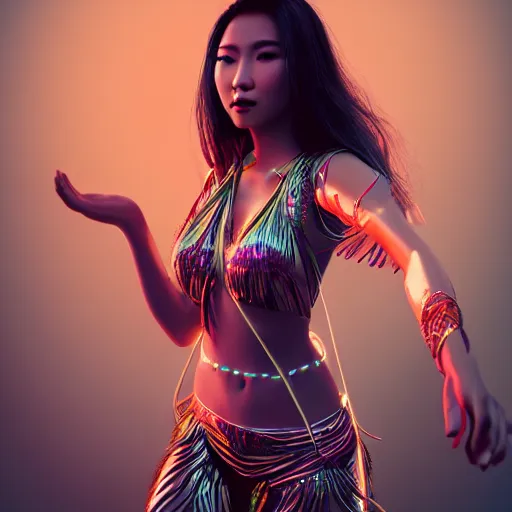 Prompt: a portrait of A full body beautiful futuristic asian girl, hula dancing, young with long hair, cyber hula outfit, hyper-realistic, very detailed, intricate, very sexy pose, slight smile expression, photo realistic, dramatic cinematic lighting, octane render, 4k, ultra detailed