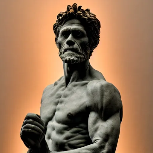 Image similar to Marble statue of Willem Dafoe as God, by Michaelangelo, soft lighting, hyper detailed, 8k