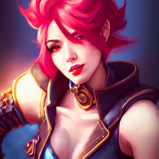 Prompt: portrait of Vi from League of Legends, by Fortiche Studio, by Riot Games, from Netflix's Arcane, trending on artstation,fine details, realistic shaded, fine-face, Steampunk city on the background, red hair, painted texture, pretty face,by Artgerm