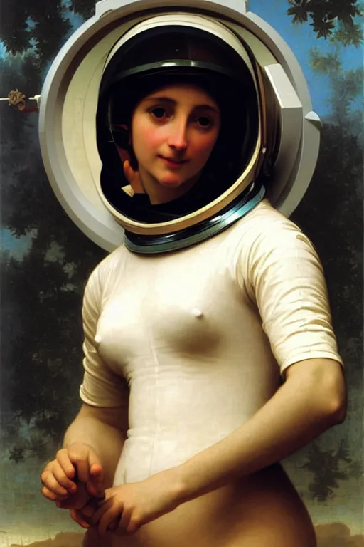 Image similar to portrait of a woman in astronaut helmet an ancient human specie, by bouguereau