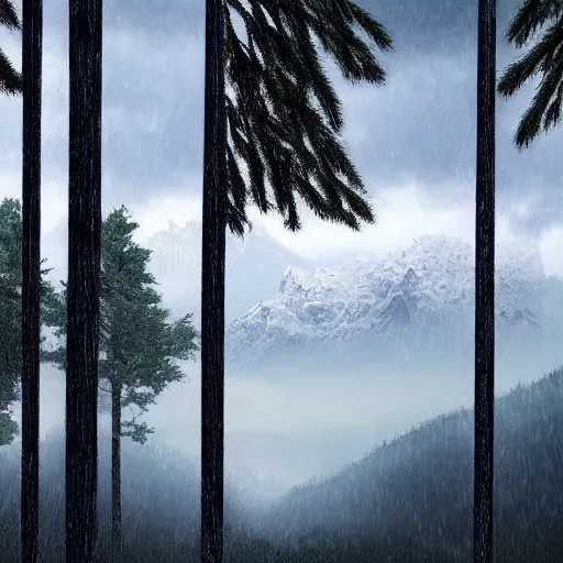 Prompt: rainy forest with tall snowy mountains in the background, hyper realistic, ultra detailed, trending on artstation