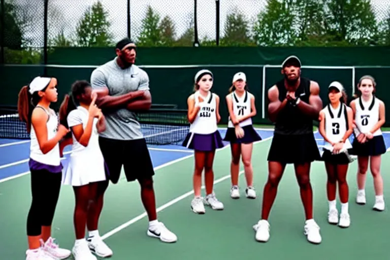 Prompt: ray lewis coaching high school girls tennis, inspiring photograph