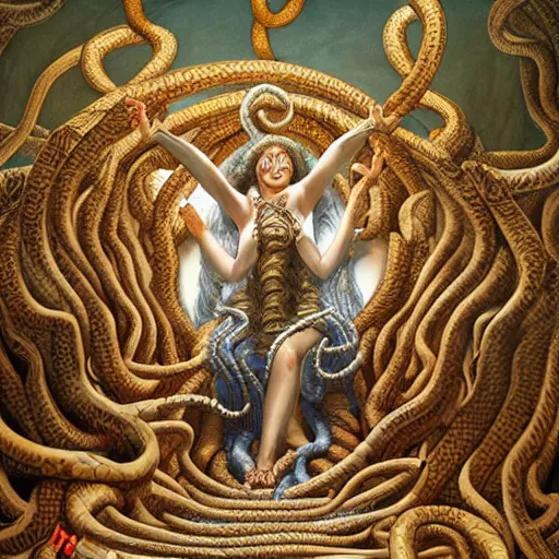 Prompt: queen medusa, lots of snakes, realism, realistic, full body, standing in epic throne room, body covered with scales, wide angle