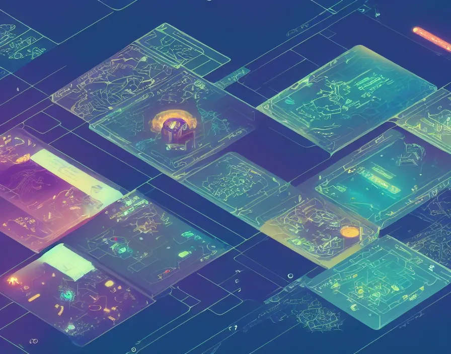 Prompt: beautiful isometric render of futuristic user interface for viewing network activity, intricate, rectilinear, tarot by victo ngai and andreas rocha and greg rutkowski, trending on artstation, unreal engine, 8 k hd wallpaper, kitbash, game assets, asset pack, well rendered