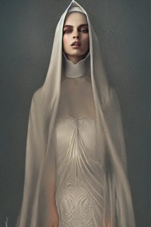 Image similar to ultra realist and ultra intricate detailed soft painting of a beautiful slim curvy female nun in long religius dress, thin lustrous hair, symmetry features, sensual gloomy style, soft painting, volumetric clouds, fantasy background, artstation, Tom Bagshaw artstyle, unreal render, depth of field