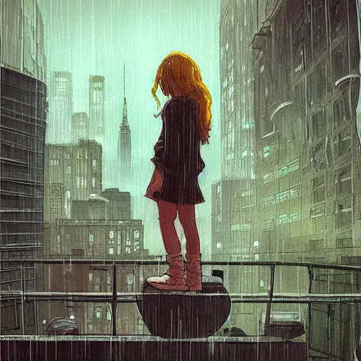 Image similar to “ a girl on a ledge overlooking futuristic new york city, ghostpunk, heavy rain, high detail, by moebius ”