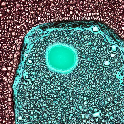 Prompt: tunneling electron microscope image of broken membrane, broken leaking cell wall, liquid oxygen migrating across the cell membrane of a mitochondria oblong organelle. liquid dots penetrating crossing cell membrane edge. dividing crossing over eukaryote membrane. false color. mit technology review. cell science nature. nobel prize winning. ultra detailed 8 k tiff