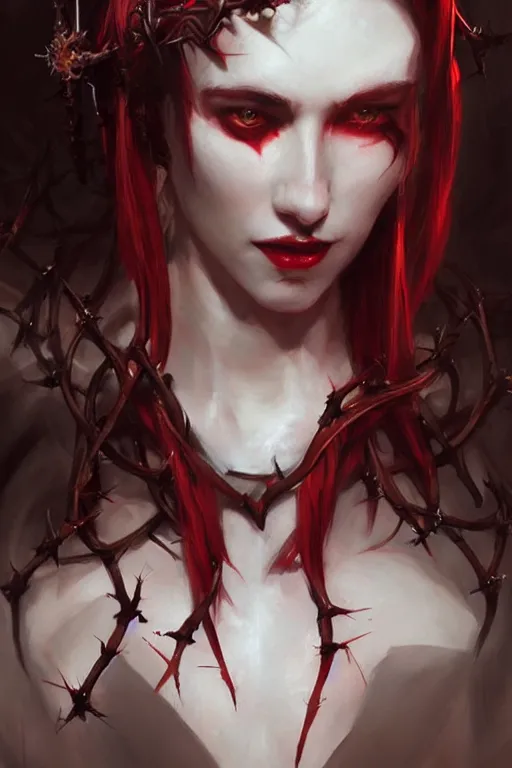 Image similar to Portrait of beautiful pale succubus maiden with crown of thorns, and devil's horns, red lighting, digital art by Ruan Jia and Mandy Jurgens and Artgerm, highly detailed, trending on artstation, award winning,