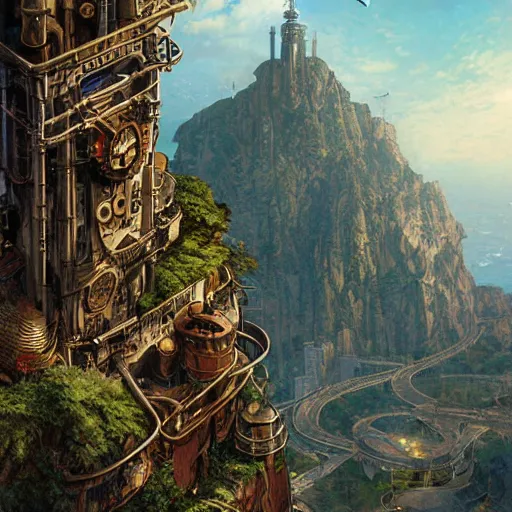 Image similar to steampunk city on a cliff, dense foliage poster art by kim jung giu and weta studio, and lucasfilm and jesper ejsing and norman rockwell greg rutkowski frank frazzeta