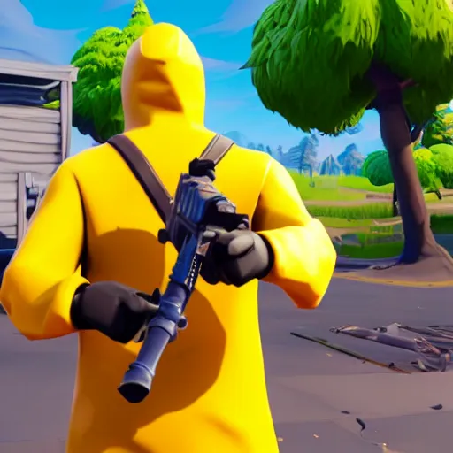 Prompt: screenshot of me playing fortnite using as walter white in his yellow hazmat suit, 3 d avatar, third person view, fortnite