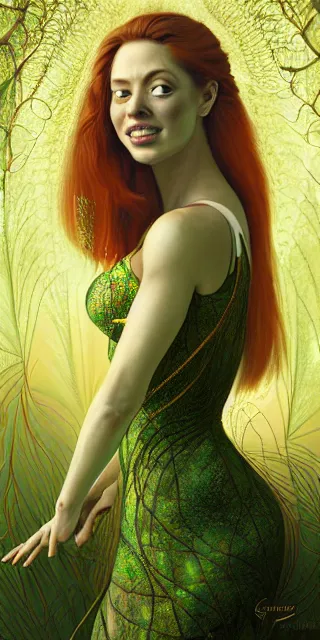 Image similar to fit woman, serene smile surrounded by golden firefly lights, amidst nature fully covered by a intricate detailed dress, long red hair, precise linework, accurate green eyes, small nose with freckles, smooth oval shape face, empathic, expressive emotions, spiritual scene, hyper realistic ultrafine art by artemisia gentileschi, jessica rossier, boris vallejo