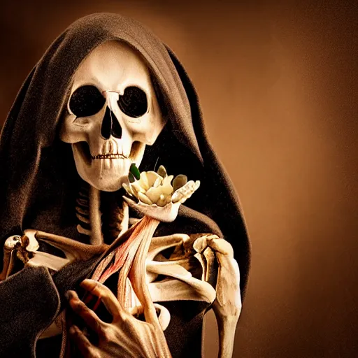 Prompt: cinematic shot epic portrait skeleton wearing a dark robe holding flowers with a tear falling, hyper realistic, mood lighting, fantasy, detailed face, highly detailed, super realistic, perfect lighting