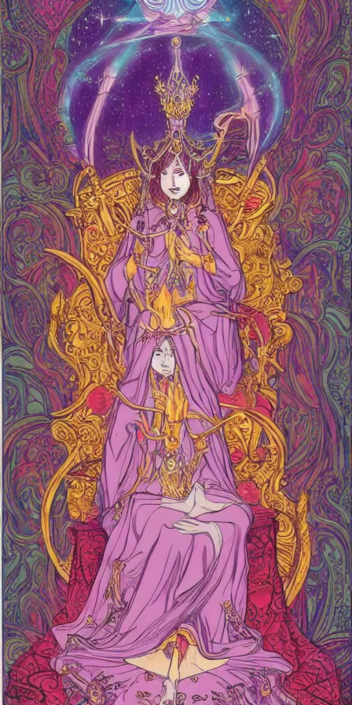 Image similar to a mystical woman priestess sitting on a throne, the divine feminine, drawn by studio UFOTABLE, psychedelic, fine line work, pastel colors, Tarot cards. The empress tarot card