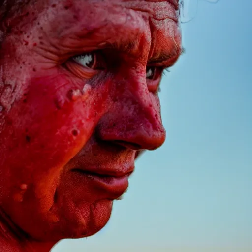 Prompt: extreme closeup of sweaty red person, wideangle