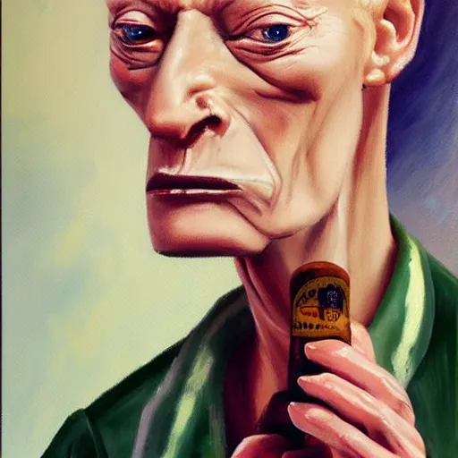 Image similar to caricature of tilda swinton smoking a cigar, realistic oil painting by sebastian krüger, expressive, colorful, plastic