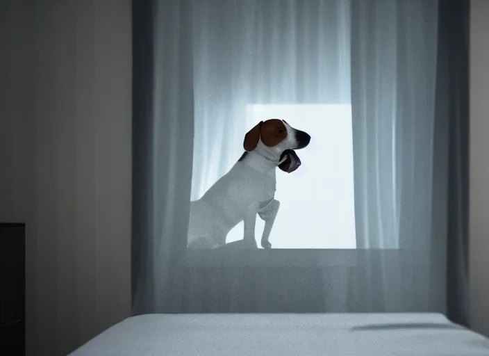 Image similar to photography of a Jack Russel watching outside the window on a bed in a 3d rendered white room, octane render, 3d, foggy, volumetric light, volumetric fog, photorealistic, unreal engine 5, award winning photo, 100mm, sharp, cloth, high res