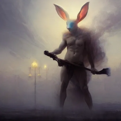 Image similar to epic portrait an beautiful man wearing white bunny suit with bunny ears, muscular, dirty, flames in backround, foggy city backround, broad light, ambient occlusion, volumetric light effect, made by ivan aivazovsky, peter mohrbacher, greg rutkowski, matte painting, trending on artstation, 4 k, perfectly defined features, digital painting,