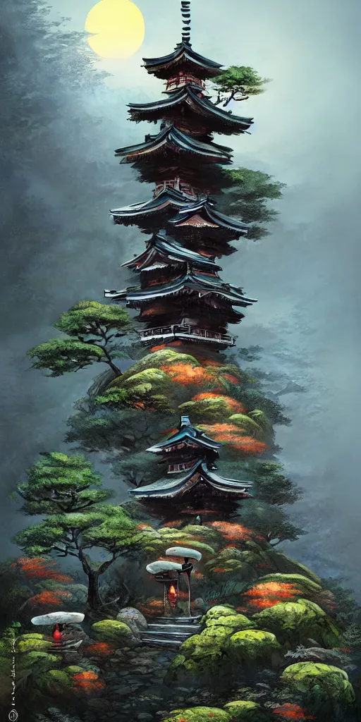 Image similar to japanese style shrine on top of a misty mountain overgrown by glowing mushrooms, hyper realistic, lush gnarly plants, 8 k, denoised, by greg rutkowski, tom bagshaw, james gurney cinematic lighting