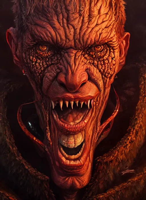 Image similar to close up portrait of a monster in the mountains of hell, oil painting by tomasz jedruszek, cinematic lighting, pen and ink, intricate line, hd, 4 k, million of likes, trending on artstation