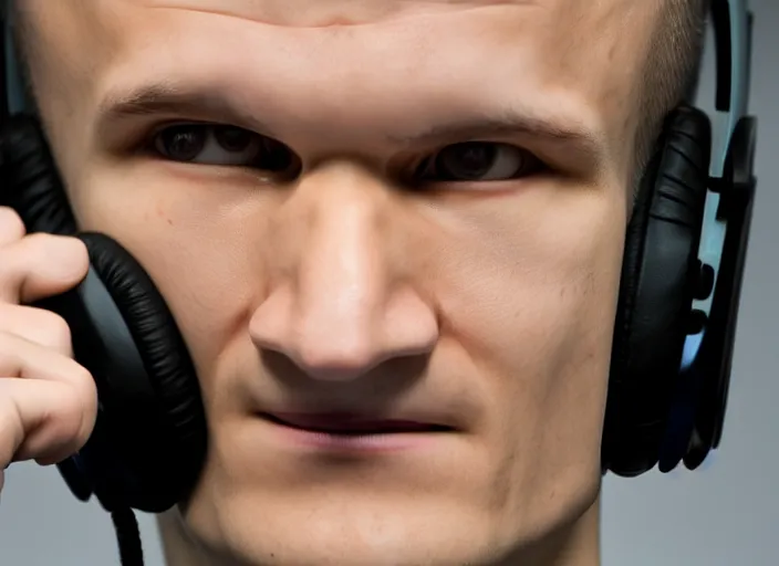 Prompt: headshot of vitalik buterin in headphones. vitalik buterin, perfect symmetric face, coherent eyes, fine details., 4 k, ron cobb, hans zatska