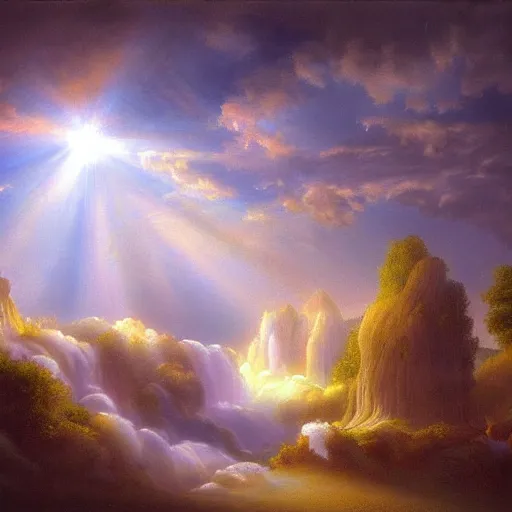 Image similar to masterful painting of heaven with volumetric grand lighting