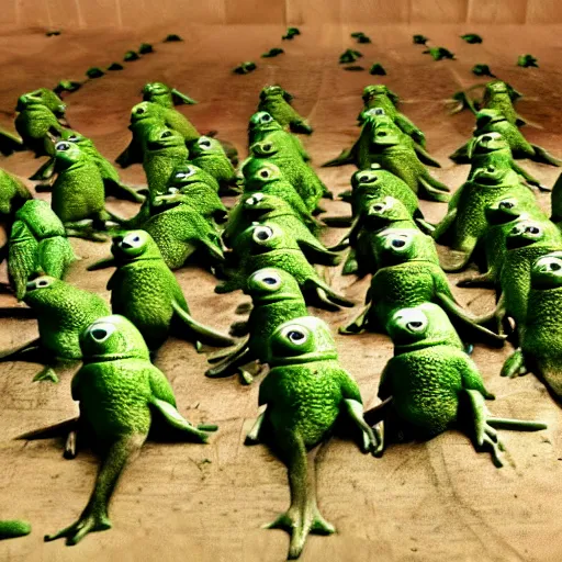 Image similar to an army of green frogs, preparing for war, standing on 2 feet, plague,