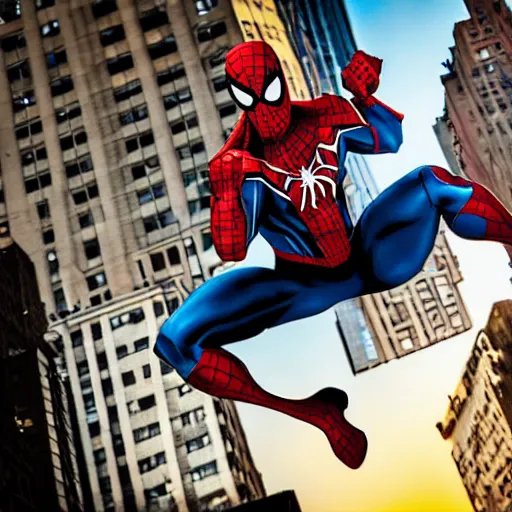 Prompt: photo of Superior Spider-Man swinging through the streets of midtown Manhattan on a bright September evening