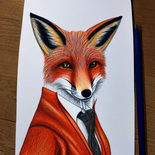 Image similar to colored pencil drawing of a fox in a waistcoat