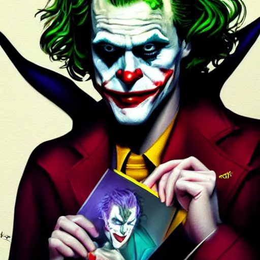 Image similar to the joker holding Margot Robbie printed pictures, digital painting, amazing detail, artstation, cgsociety