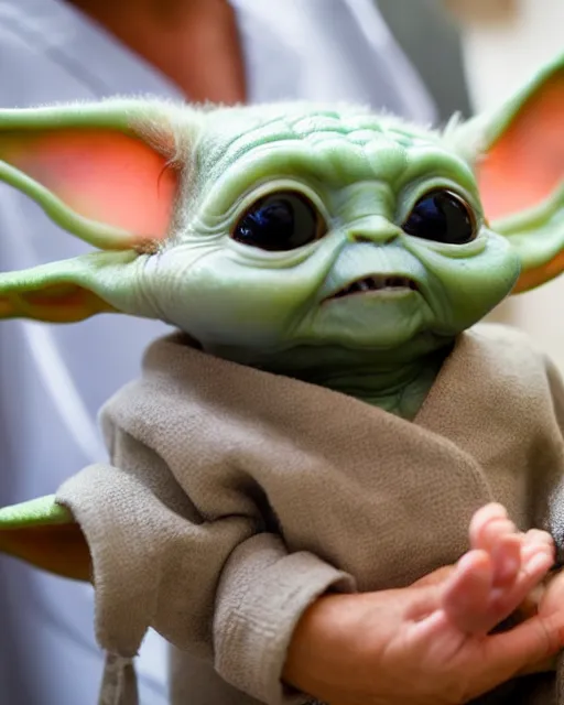 Image similar to stock photos of baby yoda visiting elderly people at a nursing home, hyperreal