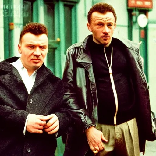 Prompt: portrait of alexandr zembatov and mikhail alontsev posing on a street in gangsta comedy of 1990s, movie shot, Lock, Stock and Two Smoking Barrels