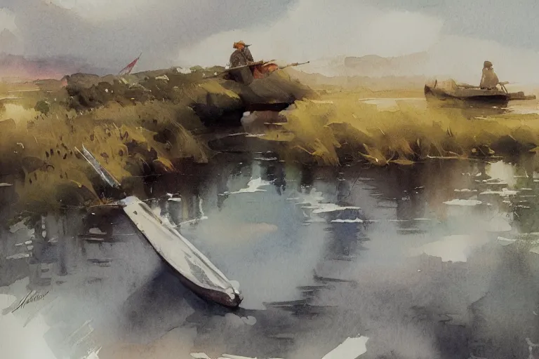 Image similar to small centered on watercolor paper, paint brush strokes, abstract watercolor painting of blackwater county, cinematic light, american romanticism by hans dahl, by jesper ejsing, by anders zorn, by greg rutkowski, by greg manchess, by tyler edlin