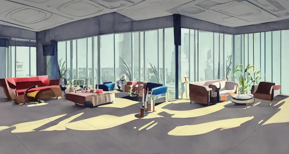 Prompt: a beautiful illustration of futuristic interior hall, lots of furniture, sofa, waiting room, big medium small, sacred geometry, golden ratio, in watercolor gouache detailed paintings, in style of syd mead, trending on artstation,8k, panel, hard surface, vent, zaha hadid, props, plant, cozy,decoration around the room