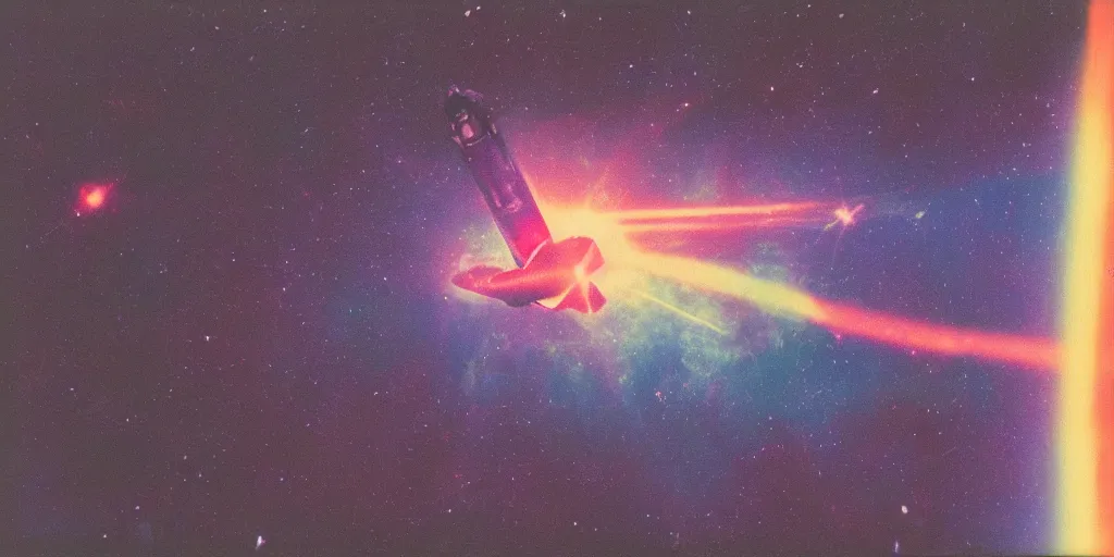 Image similar to polaroid photo of red rocket flying through space, multiple orange yellow purple galaxies visible, slight color bleed, lens flare