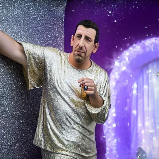 Image similar to Adam Sandler with silver-violet hair, white eyes and golden glittery dress, wide lens, diorama, 4k,