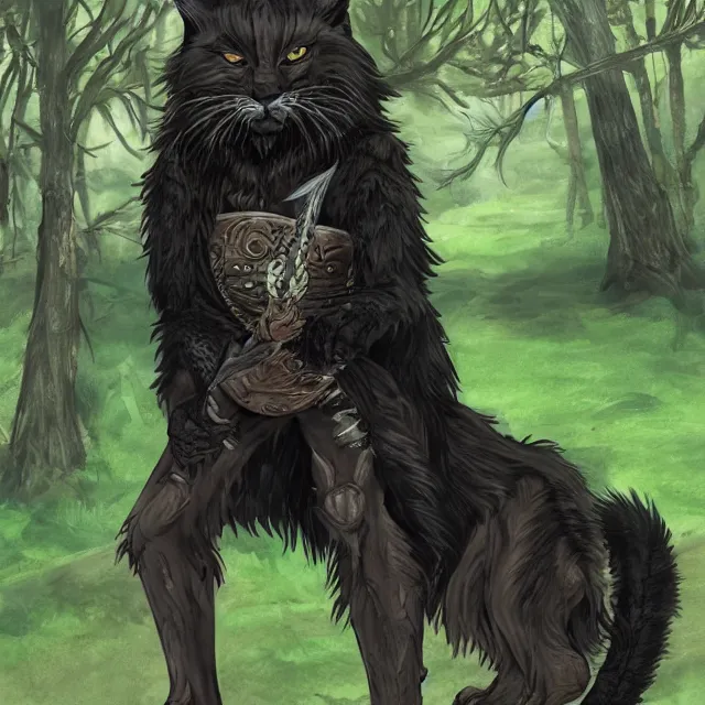 Image similar to khajit tabaxi catfolk humanoid with maine coon features black fur with a scar on the left eye and holding two shortswords cloaked in shadow and wearing hooded leather armor agile, dungeons and dragons, fantasy, tarot card style, high detail, hyper realistic