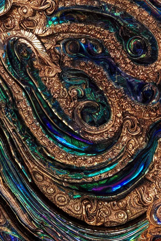 Image similar to Art Nouveau cresting oil slick waves, hyperdetailed bubbles in a shiny iridescent oil slick wave, black opal, abalone, paua shell, ornate copper patina medieval ornament, rococo, oganic rippling spirals, octane render, 8k 3D